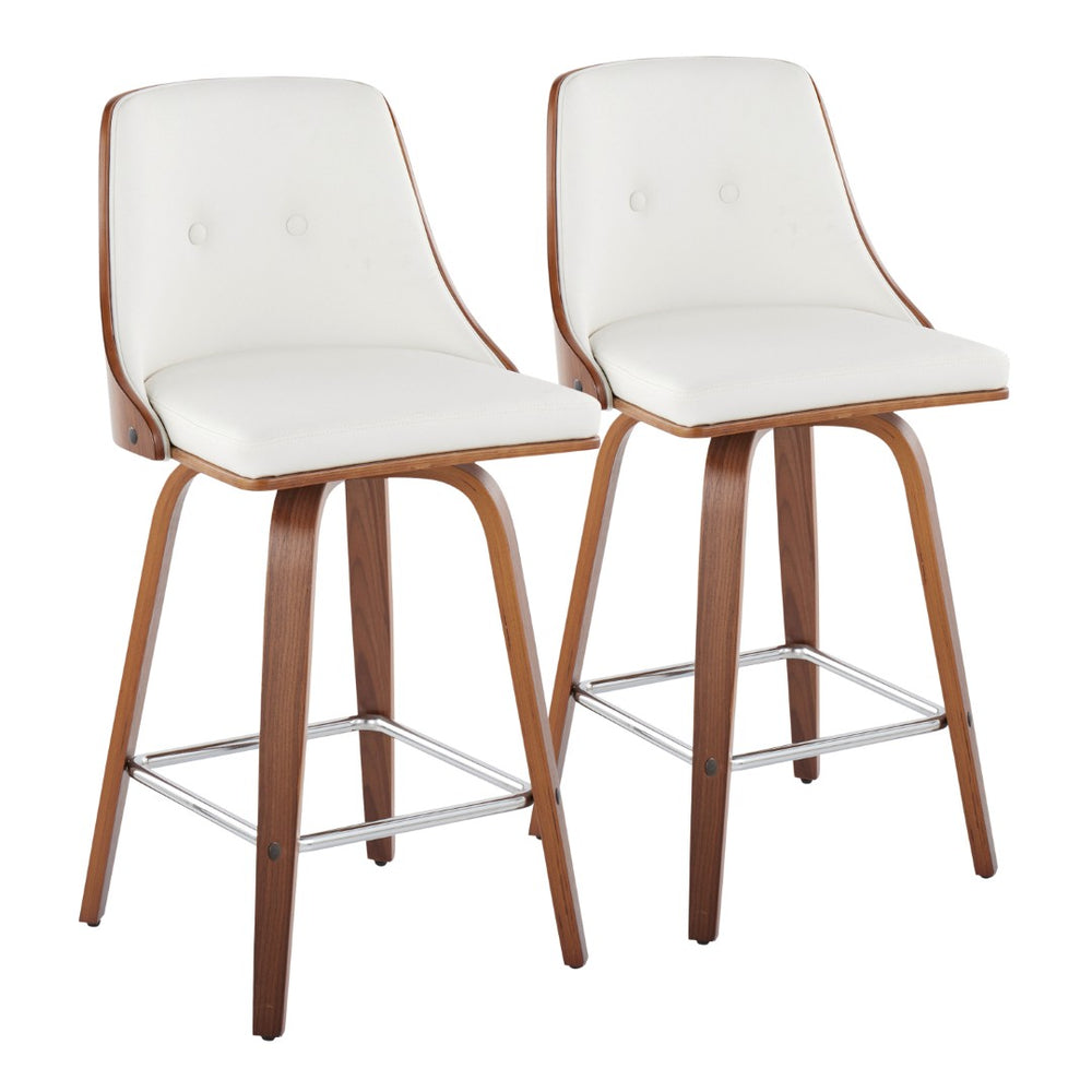 English Elm Mid-Century Swivel Counter Stools Walnut Tapered Legs Tufted Faux Leather Set of 2 White B202S00308