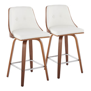 English Elm Mid-Century Swivel Counter Stools Walnut Tapered Legs Tufted Faux Leather Set of 2 White B202S00308
