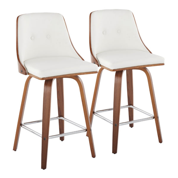 English Elm Mid-Century Swivel Counter Stools Walnut Tapered Legs Tufted Faux Leather Set of 2 White B202S00308