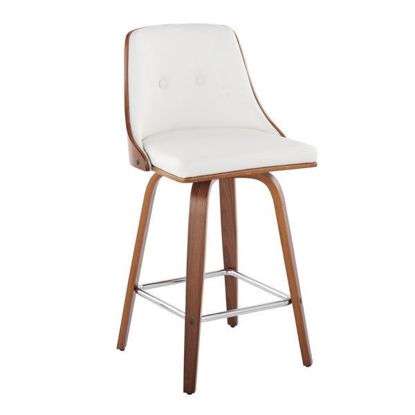 English Elm Mid-Century Swivel Counter Stools Walnut Tapered Legs Tufted Faux Leather Set of 2 White B202S00308