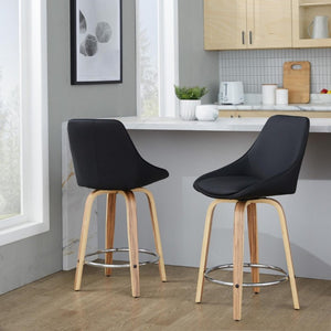 English Elm 24 Inch Swivel Counter Stools with Zebra Wood Veneer and Faux Leather Set of 2 B202S02210
