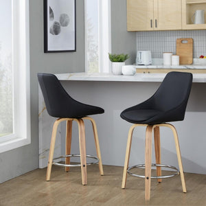 English Elm 24 Inch Swivel Counter Stools with Zebra Wood Veneer and Faux Leather Set of 2 B202S02210