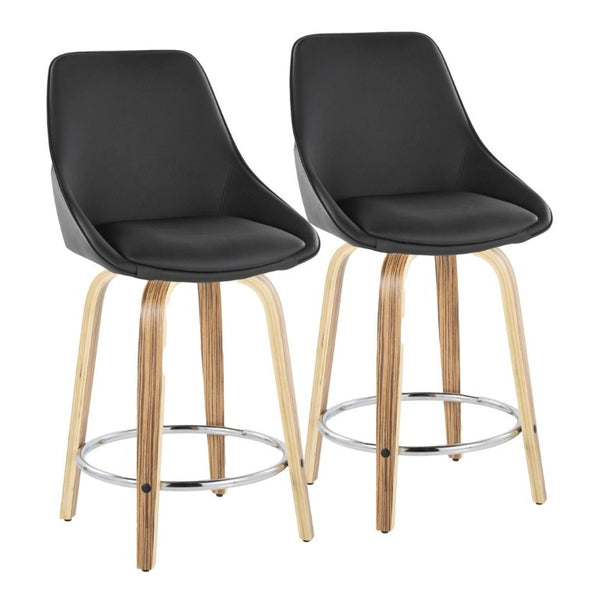 English Elm 24 Inch Swivel Counter Stools with Zebra Wood Veneer and Faux Leather Set of 2 B202S02210