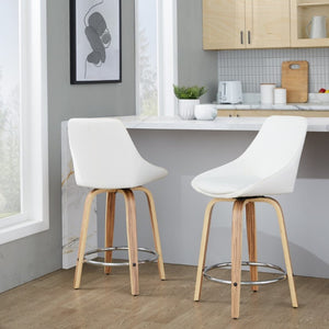 English Elm 24 Inch Swivel Counter Stools Zebra Wood Bentwood Base Faux Leather Seat Set of 2 B202S02211