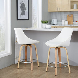 English Elm 24 Inch Swivel Counter Stools Zebra Wood Bentwood Base Faux Leather Seat Set of 2 B202S02211