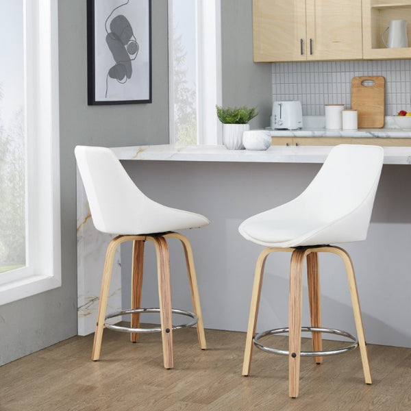 English Elm 24 Inch Swivel Counter Stools Zebra Wood Bentwood Base Faux Leather Seat Set of 2 B202S02211