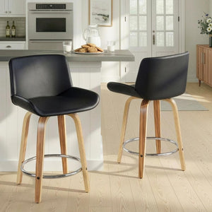 English Elm 24 Inch Mid-Century Swivel Counterstools Zebra Wood Bentwood Legs Chrome Footrest Set of 2 Black B202S02212