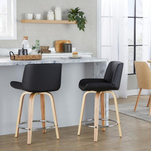 English Elm 24 Inch Mid-Century Swivel Counterstools Zebra Wood Bentwood Legs Chrome Footrest Set of 2 Black B202S02212