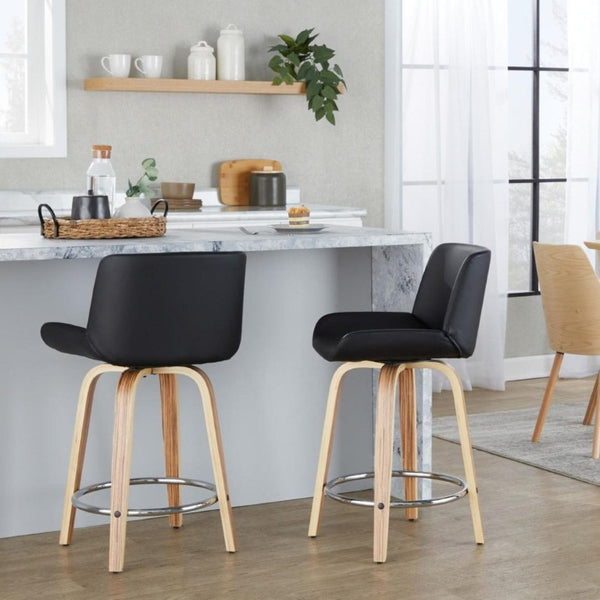 English Elm 24 Inch Mid-Century Swivel Counterstools Zebra Wood Bentwood Legs Chrome Footrest Set of 2 Black B202S02212