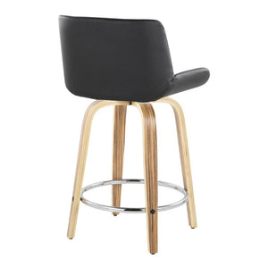 English Elm 24 Inch Mid-Century Swivel Counterstools Zebra Wood Bentwood Legs Chrome Footrest Set of 2 Black B202S02212