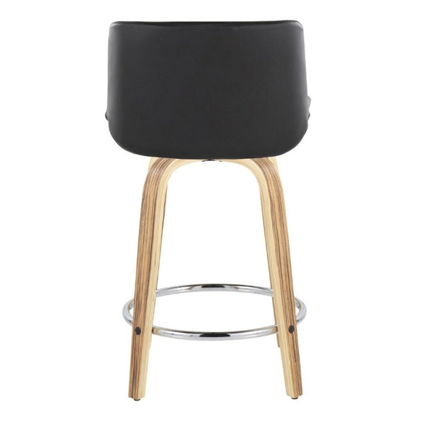 English Elm 24 Inch Mid-Century Swivel Counterstools Zebra Wood Bentwood Legs Chrome Footrest Set of 2 Black B202S02212
