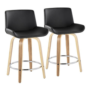 English Elm 24 Inch Mid-Century Swivel Counterstools Zebra Wood Bentwood Legs Chrome Footrest Set of 2 Black B202S02212
