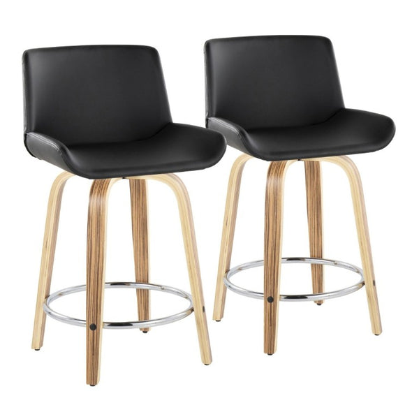 English Elm 24 Inch Mid-Century Swivel Counterstools Zebra Wood Bentwood Legs Chrome Footrest Set of 2 Black B202S02212