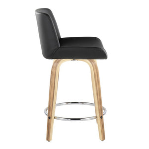 English Elm 24 Inch Mid-Century Swivel Counterstools Zebra Wood Bentwood Legs Chrome Footrest Set of 2 Black B202S02212
