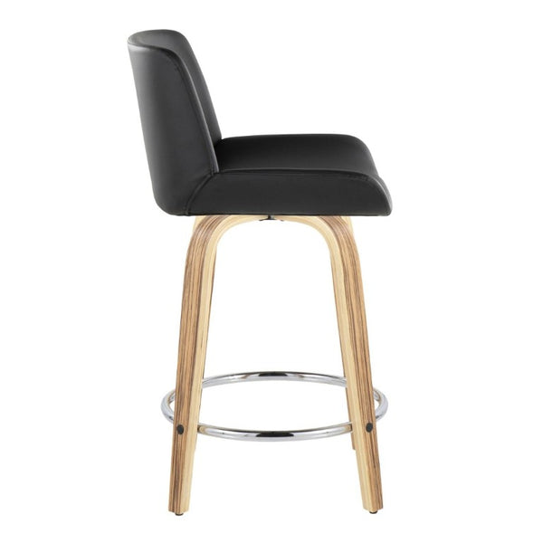 English Elm 24 Inch Mid-Century Swivel Counterstools Zebra Wood Bentwood Legs Chrome Footrest Set of 2 Black B202S02212