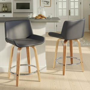 English Elm 24 Inch Mid-Century Swivel Counterstools Zebra Wood Bentwood Legs Chrome Footrest Set of 2 Gray B202S02213