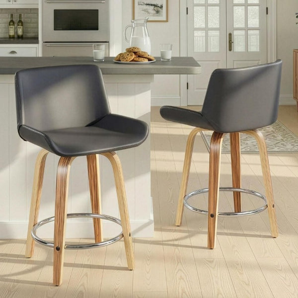 English Elm 24 Inch Mid-Century Swivel Counterstools Zebra Wood Bentwood Legs Chrome Footrest Set of 2 Gray B202S02213
