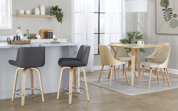 English Elm 24 Inch Mid-Century Swivel Counterstools Zebra Wood Bentwood Legs Chrome Footrest Set of 2 Gray B202S02213