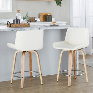 English Elm 24 Inch Mid-Century Swivel Counterstools Zebra Wood Bentwood Legs Chrome Footrest Set of 2 White B202S02214