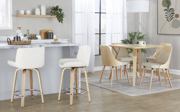 English Elm 24 Inch Mid-Century Swivel Counterstools Zebra Wood Bentwood Legs Chrome Footrest Set of 2 White B202S02214