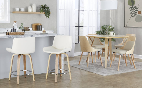 English Elm 24 Inch Mid-Century Swivel Counterstools Zebra Wood Bentwood Legs Chrome Footrest Set of 2 White B202S02214