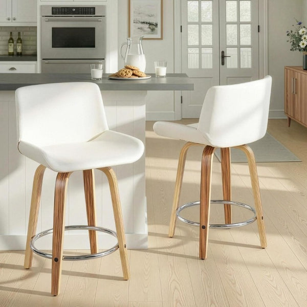 English Elm 24 Inch Mid-Century Swivel Counterstools Zebra Wood Bentwood Legs Chrome Footrest Set of 2 White B202S02214