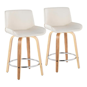 English Elm 24 Inch Mid-Century Swivel Counterstools Zebra Wood Bentwood Legs Chrome Footrest Set of 2 White B202S02214