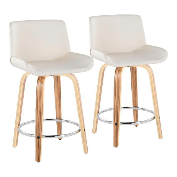 English Elm 24 Inch Mid-Century Swivel Counterstools Zebra Wood Bentwood Legs Chrome Footrest Set of 2 White B202S02214