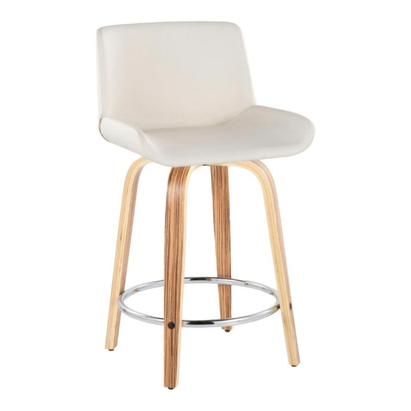 English Elm 24 Inch Mid-Century Swivel Counterstools Zebra Wood Bentwood Legs Chrome Footrest Set of 2 White B202S02214