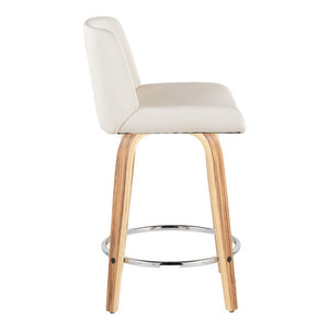 English Elm 24 Inch Mid-Century Swivel Counterstools Zebra Wood Bentwood Legs Chrome Footrest Set of 2 White B202S02214