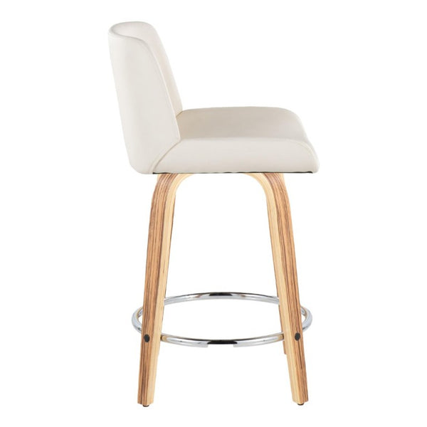 English Elm 24 Inch Mid-Century Swivel Counterstools Zebra Wood Bentwood Legs Chrome Footrest Set of 2 White B202S02214