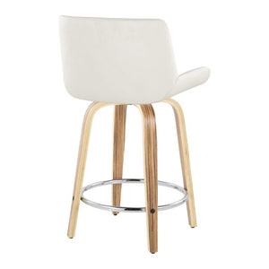 English Elm 24 Inch Mid-Century Swivel Counterstools Zebra Wood Bentwood Legs Chrome Footrest Set of 2 White B202S02214