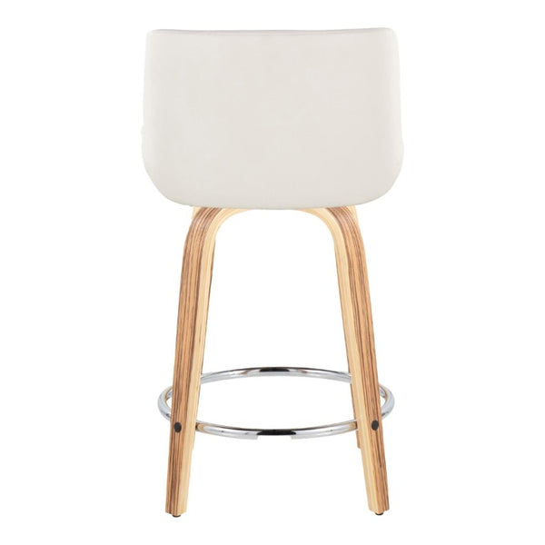 English Elm 24 Inch Mid-Century Swivel Counterstools Zebra Wood Bentwood Legs Chrome Footrest Set of 2 White B202S02214