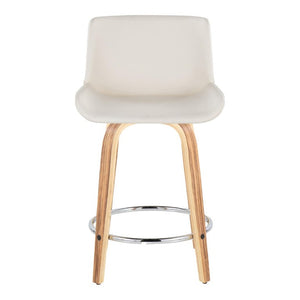 English Elm 24 Inch Mid-Century Swivel Counterstools Zebra Wood Bentwood Legs Chrome Footrest Set of 2 White B202S02214