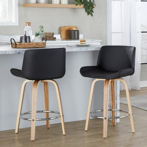 English Elm 26 Inch Mid-Century Swivel Counterstools with Faux Leather Seats and Chrome Footrest Set of 2 Black Zebra Wood B202S02215