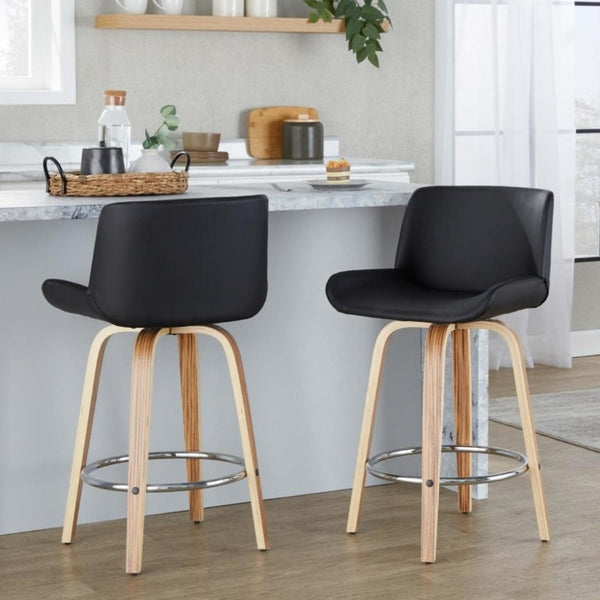 English Elm 26 Inch Mid-Century Swivel Counterstools with Faux Leather Seats and Chrome Footrest Set of 2 Black Zebra Wood B202S02215