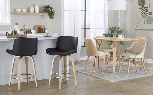 English Elm 26 Inch Mid-Century Swivel Counterstools with Faux Leather Seats and Chrome Footrest Set of 2 Black Zebra Wood B202S02215