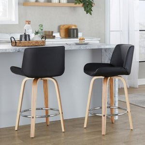 English Elm 26 Inch Mid-Century Swivel Counterstools with Faux Leather Seats and Chrome Footrest Set of 2 Black Zebra Wood B202S02215