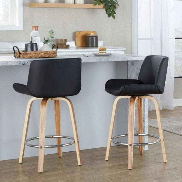 English Elm 26 Inch Mid-Century Swivel Counterstools with Faux Leather Seats and Chrome Footrest Set of 2 Black Zebra Wood B202S02215