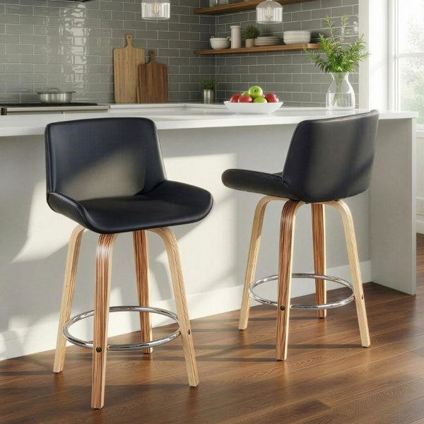 English Elm 26 Inch Mid-Century Swivel Counterstools with Faux Leather Seats and Chrome Footrest Set of 2 Black Zebra Wood B202S02215