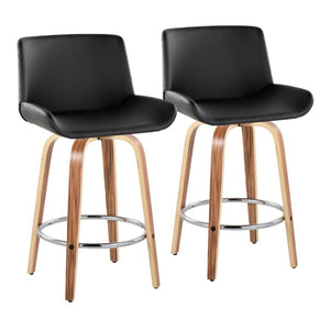 English Elm 26 Inch Mid-Century Swivel Counterstools with Faux Leather Seats and Chrome Footrest Set of 2 Black Zebra Wood B202S02215
