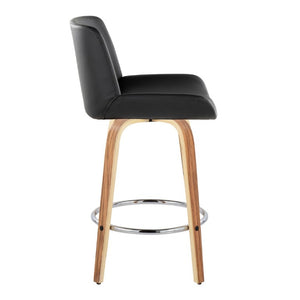 English Elm 26 Inch Mid-Century Swivel Counterstools with Faux Leather Seats and Chrome Footrest Set of 2 Black Zebra Wood B202S02215