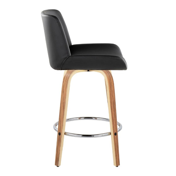 English Elm 26 Inch Mid-Century Swivel Counterstools with Faux Leather Seats and Chrome Footrest Set of 2 Black Zebra Wood B202S02215