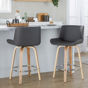 English Elm 26 Inch Mid-Century Swivel Counterstools with Faux Leather Seats and Chrome Footrest Set of 2 Gray Zebra Wood B202S02216