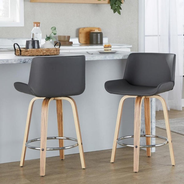 English Elm 26 Inch Mid-Century Swivel Counterstools with Faux Leather Seats and Chrome Footrest Set of 2 Gray Zebra Wood B202S02216