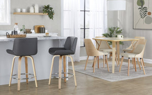 English Elm 26 Inch Mid-Century Swivel Counterstools with Faux Leather Seats and Chrome Footrest Set of 2 Gray Zebra Wood B202S02216