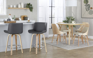 English Elm 26 Inch Mid-Century Swivel Counterstools with Faux Leather Seats and Chrome Footrest Set of 2 Gray Zebra Wood B202S02216