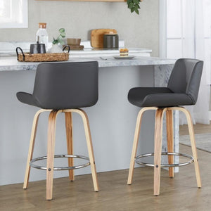 English Elm 26 Inch Mid-Century Swivel Counterstools with Faux Leather Seats and Chrome Footrest Set of 2 Gray Zebra Wood B202S02216