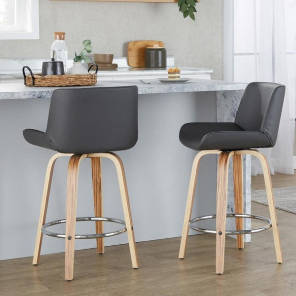English Elm 26 Inch Mid-Century Swivel Counterstools with Faux Leather Seats and Chrome Footrest Set of 2 Gray Zebra Wood B202S02216