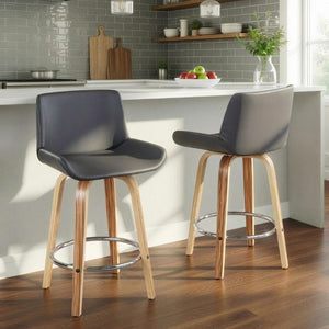 English Elm 26 Inch Mid-Century Swivel Counterstools with Faux Leather Seats and Chrome Footrest Set of 2 Gray Zebra Wood B202S02216